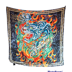 NWOT ED HARDY by Christian Audigier Womens 100% Silk Scarf White Tiger Flames